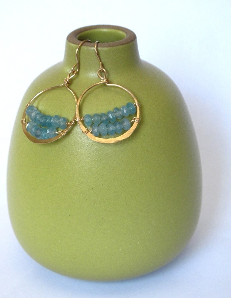 Gold Aquamarine Hoops Hammered Wire Wrapped Jewelry