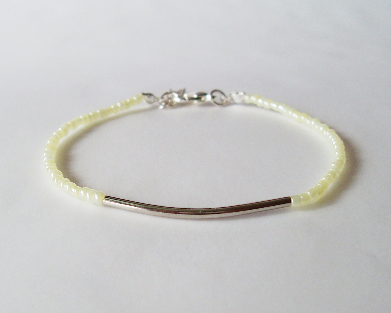 Silver Bar Beaded Bracelet - Light Yellow Seed Beads Bracelet with Silver Color Arc Tube Bead - Friendship bracelet