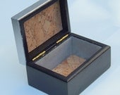 Vintage Small Painted Black Wood Keepsake Box Embellished with Silver-Finished Lid and Cork Paper Lining