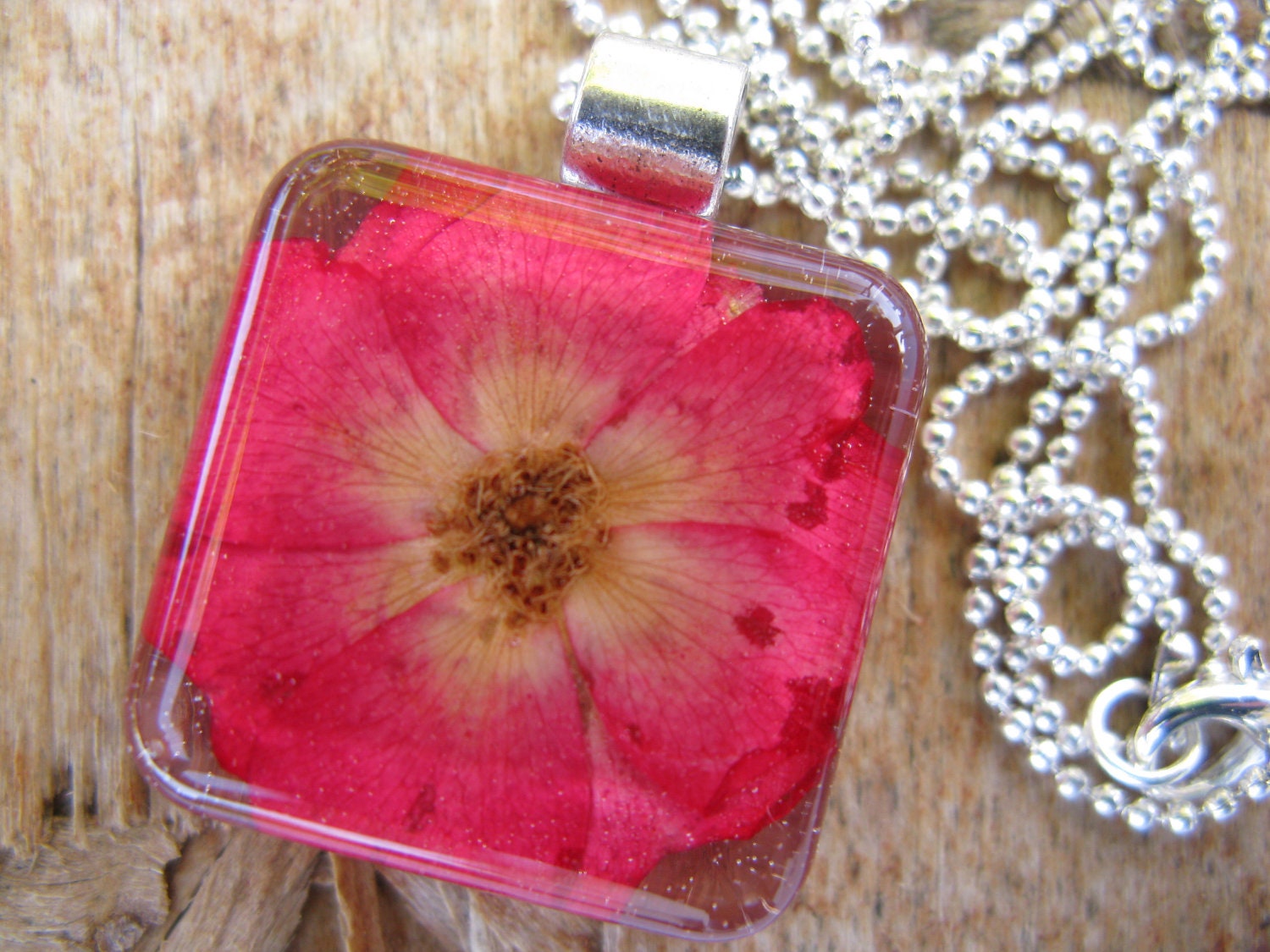 Pink Rose Resin Pendant Necklace - Real Pressed Rose Encased in Resin, Pressed Flower Jewelry