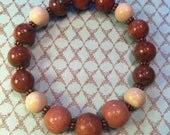 Stretchy Red Brown & Cream Jasper Stone Beaded Bracelet