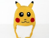 Pikachu Earflap Hat from Pokemon, Yellow Crochet Kawaii Beanie, send size choice baby - adult