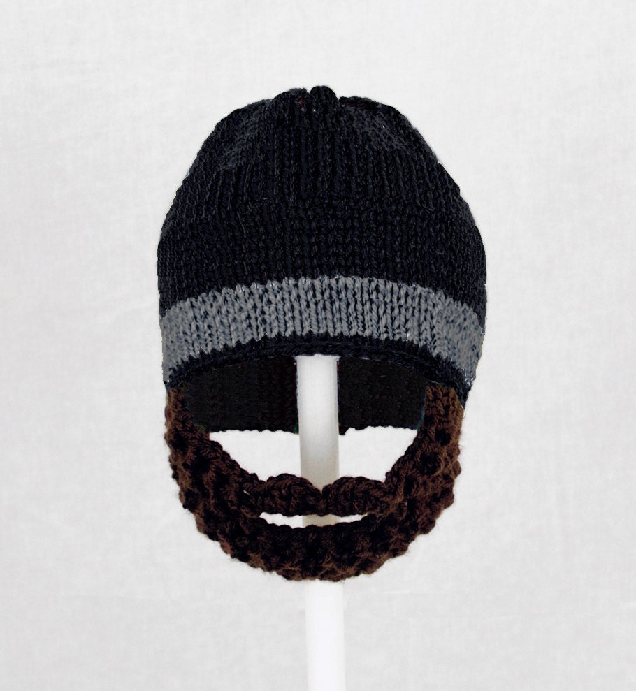 Beard Hat, Black with Gray Stripe Knit and Crochet Beanie, send size choice baby - adult