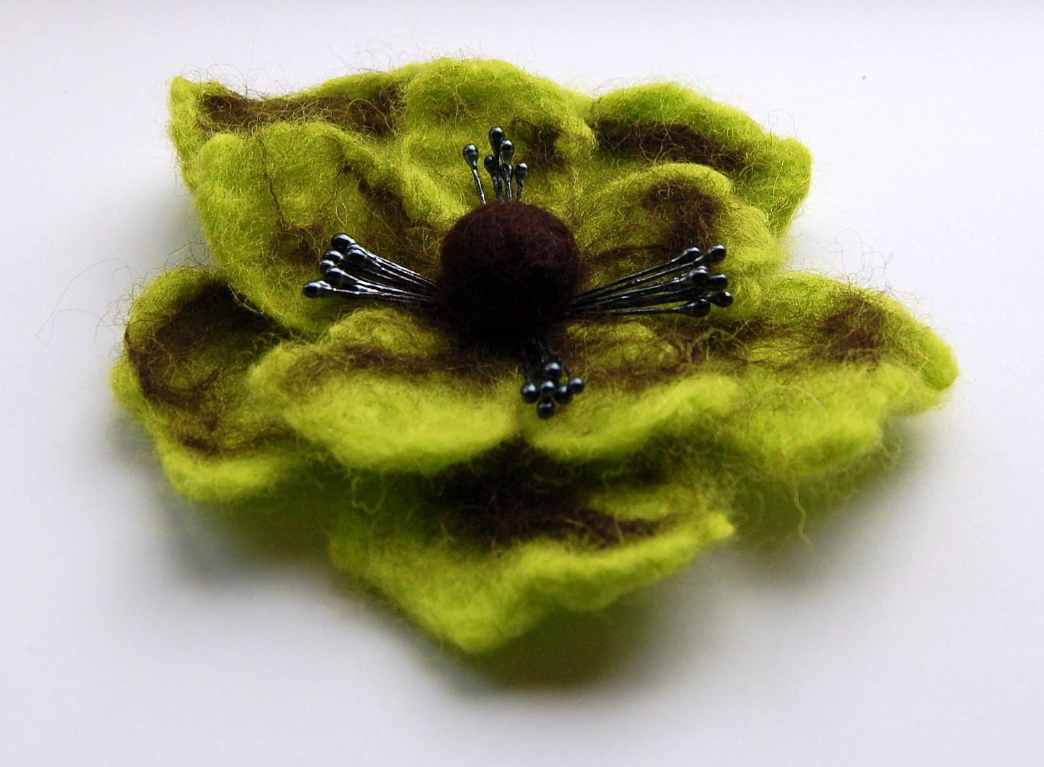Felted flower brooch, wet felted wool flower, felted jewelry, light green and brown