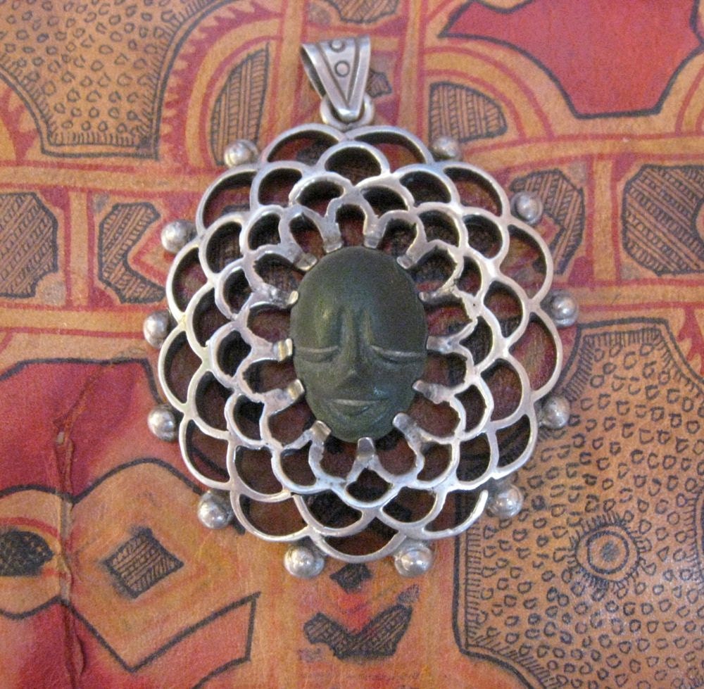 Intricate 1950s Jade and Silver Pendant from Taxco Mexico