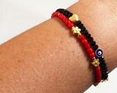 Bracelet set red czech beads black czech beads gold plated heart flower evil eye valentine jewelry gift for her best friend birthday