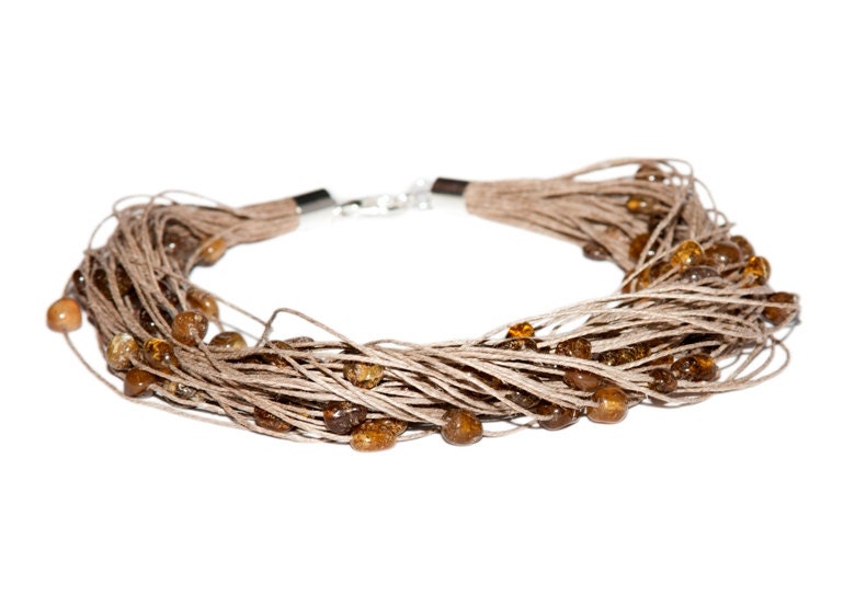 Baltic Amber Linen Necklace Natural Raw Stone Brown Beige Green Earthy Color Gemstone Jewelry