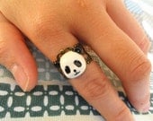 1Pc Cute Cool Resin Black And White Panda Bear Animal Ring, Adjustable, Bronze Lace Filigree Ring