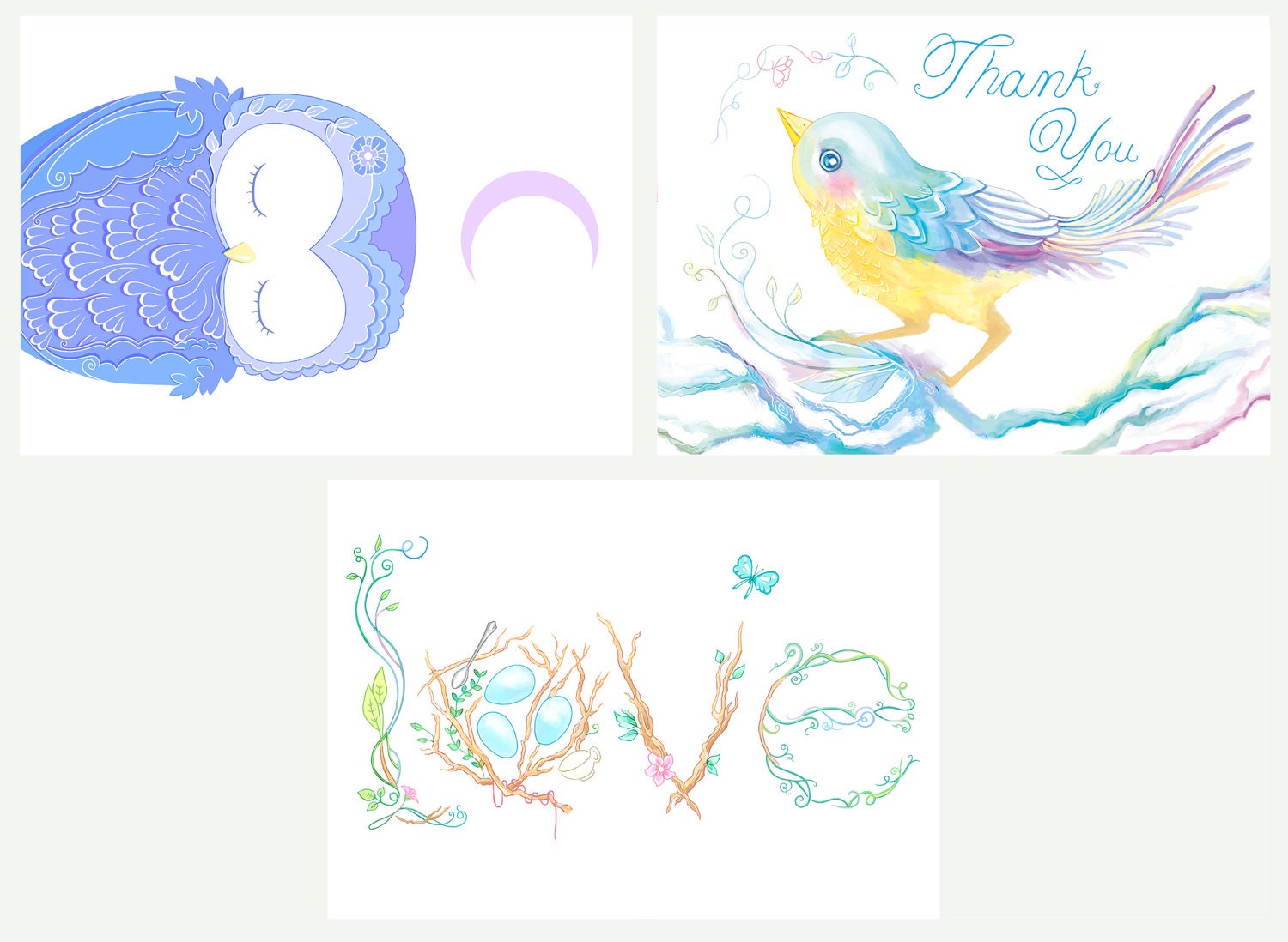Blank Greeting Card Set, Thank You Card with Cute Owl, I Love You and Rainbow Bird