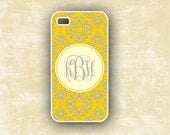 Monogram Iphone case - Yellow and gray damask, monogrammed Iphone 5 cover, Iphone 4s cover, Iphone 5 Iphone 4 plastic or silicone (9838)