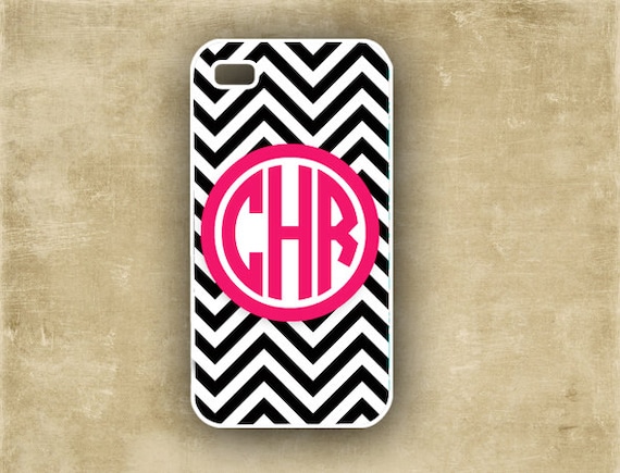 Chevron iPhone cover - Monogrammed Iphone 5 case, Iphone 4 case,  Black white chevron with hot pink monogram iphone case (9725)