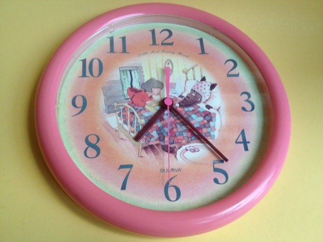 Vintage kid's clock - Little Red Riding Hood - cute vintage child's decor, nursery decor, round plastic clock