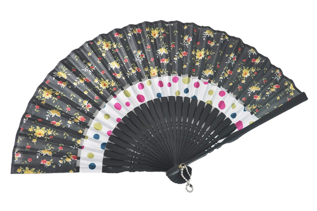 Classical Black Fabric Hand Fan Little Flowers Painted Pattern