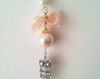 Owl Necklace with pink bow and white beads