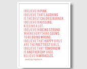 I Believe in Pink Audrey Hepburn Quote Print - 8x10 Print- Typography Print