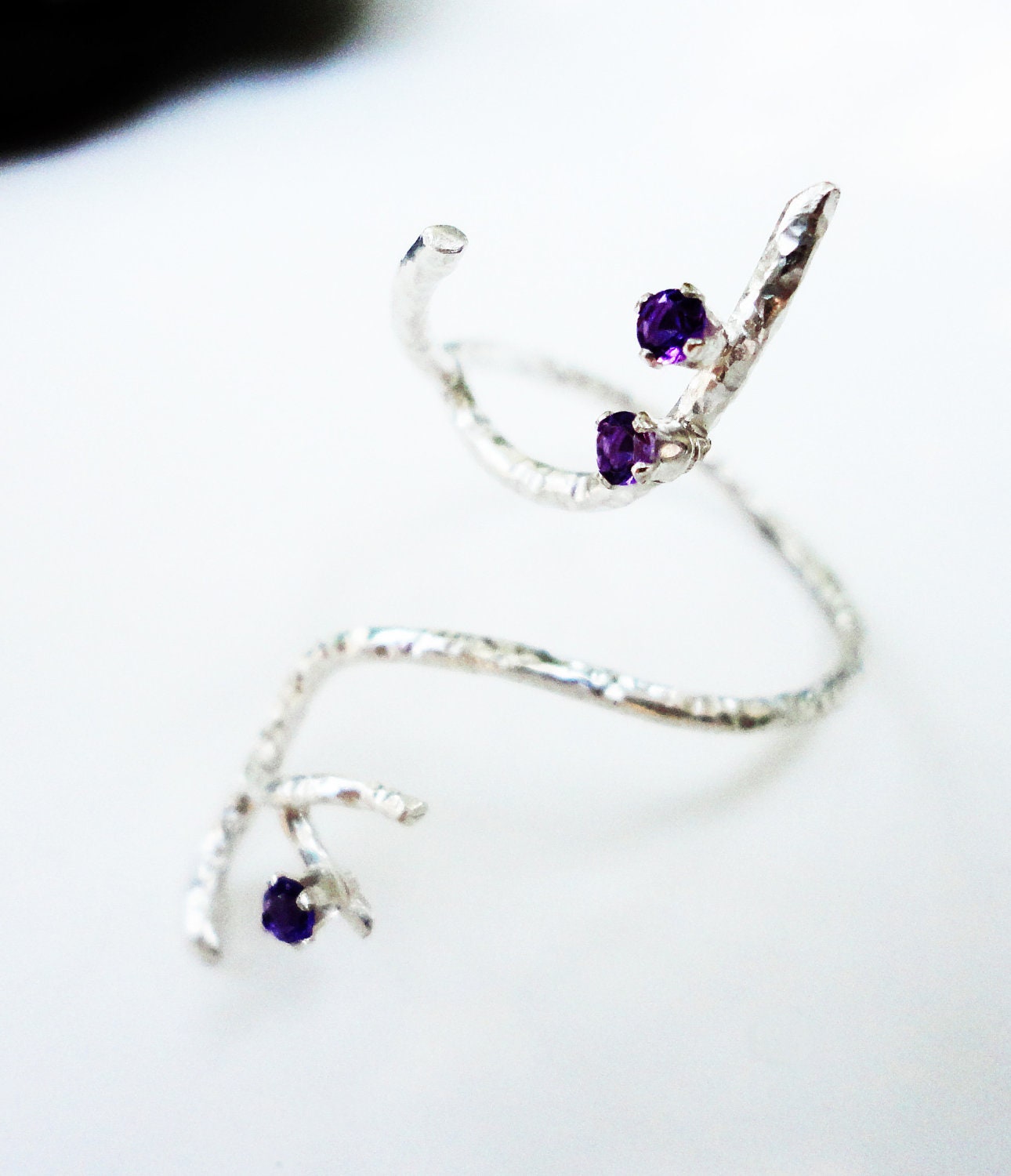 Handmade Sterling Silver Amethyst Twig Ring, Valentine's Gift, Eco-friendly Silver