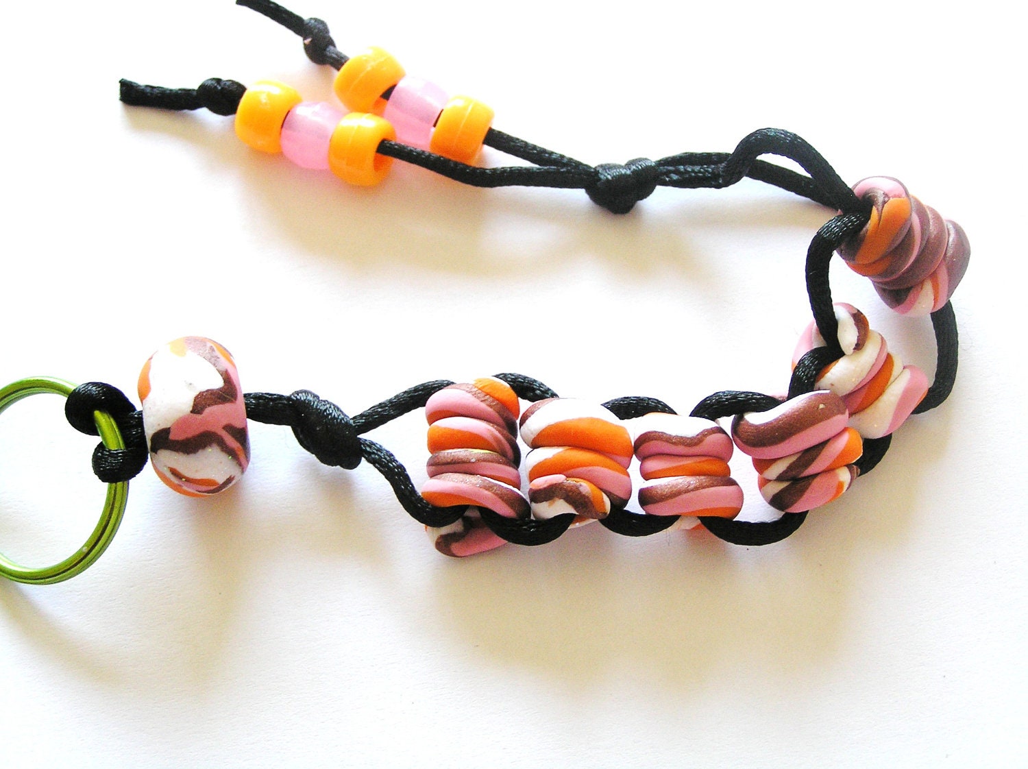 Orange & Pink Polymer Clay Beaded Stress Relief Keychain on Black Silky Cord