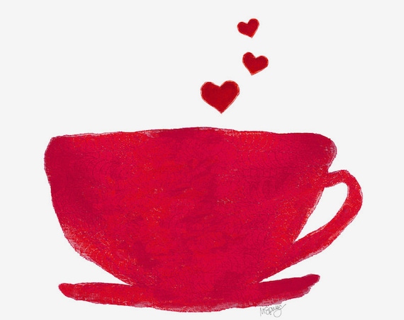 Coffee Lover Art Print Red Heart Watercolor Kitchen Bistro Diner Coffee Cup 8x10