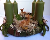 Christmas Wreath Advent Holiday Roe Deer Green Brown Mushrooms Forest Moss Candle Brocade