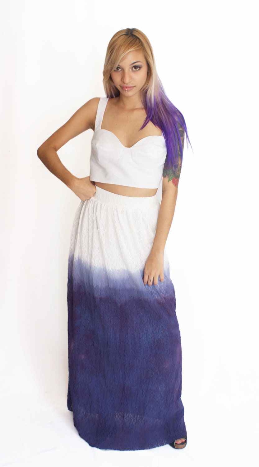 Lace Maxi Skirts Dip Dyed in Navy Blue - ON SALE
