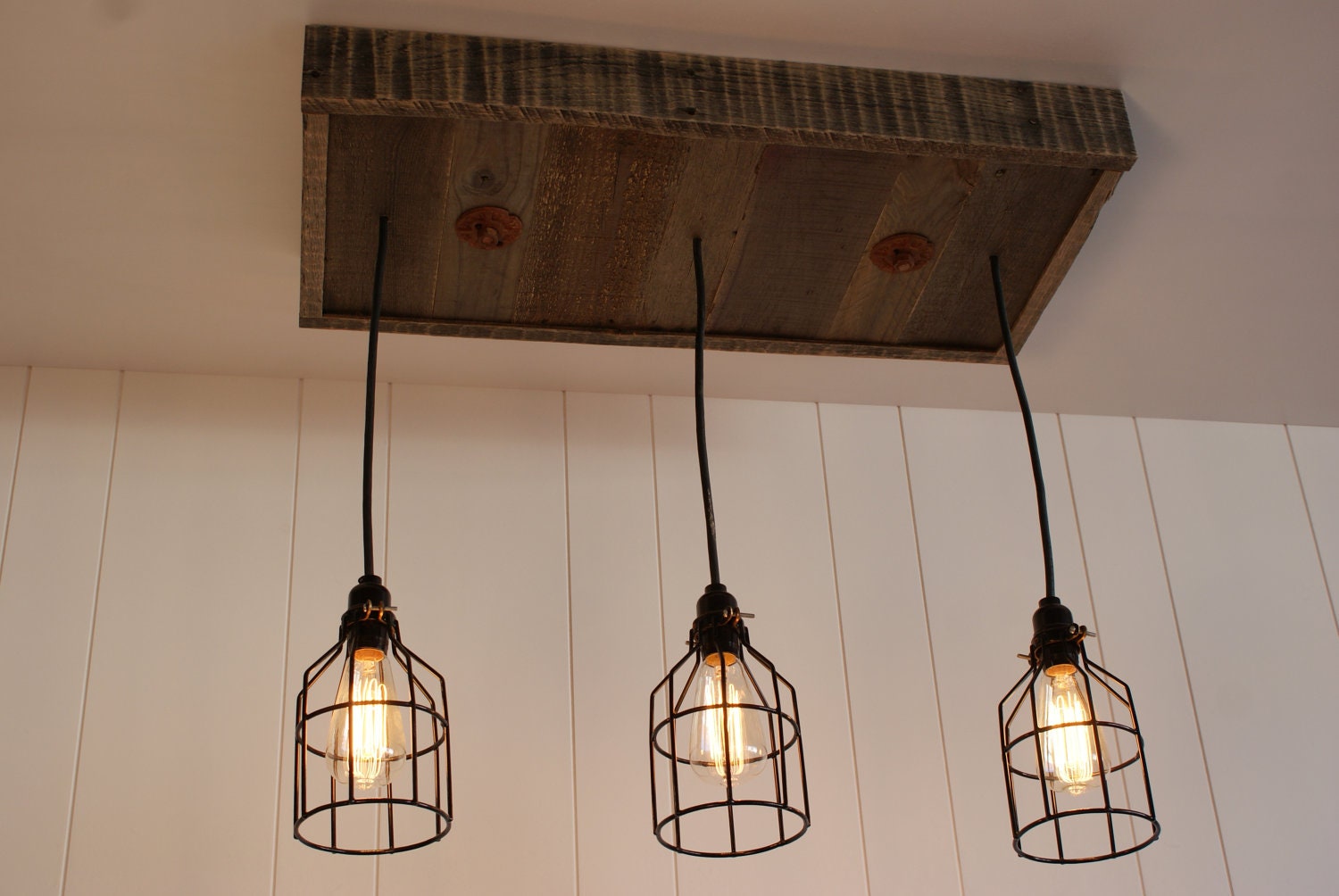 Cage Light Chandelier - Cage Lighting - Edison Bulb - Upcycled Wood