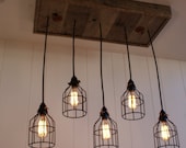 Cage Light Chandelier - Cage Lighting - Edison Bulb - Upcycled Wood