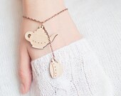 Cute bracelet with wooden teapot and cups (wood laser cut) on a copper chain