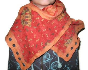 Teddy Bear nuno felted red orange scarf shawl wrap, viscose, children kid girl boy Valentine Easter gift