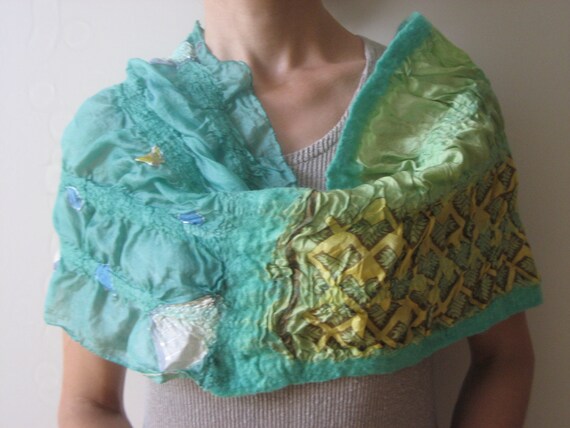 Green Mint Nuno Felt Infinity Loop Scarf Shawl Wrap: Wool, Silk. Splendid, Light and Bright. Gift under 25.
