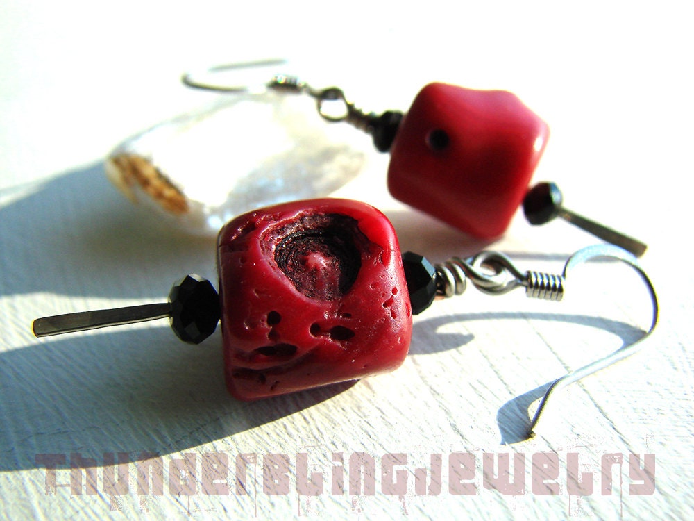 Red Bamboo Coral Earrings - Boho Tribal Bling Dangles Wire-Wrapped with Black Crystals - Handmade Healing Gemstone Jewelry