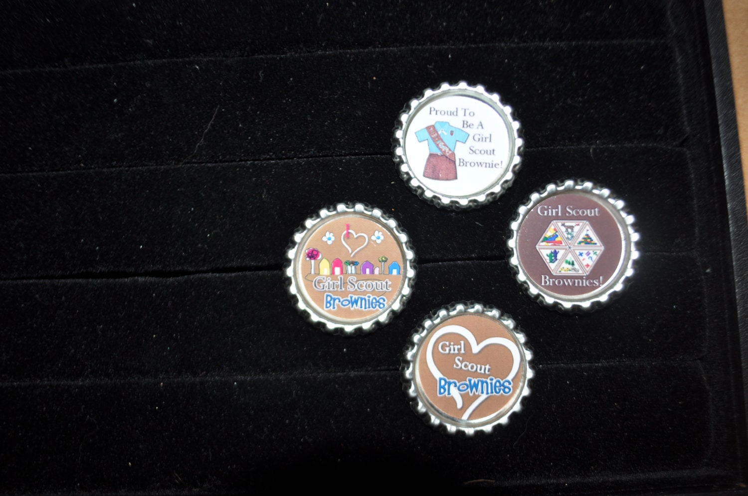 4 Girl Scout Brownie Necklaces, FINISHED or as CRAFT kit, Plain or GLITTER epoxy, brownie troop craft idea, Brownie badge idea