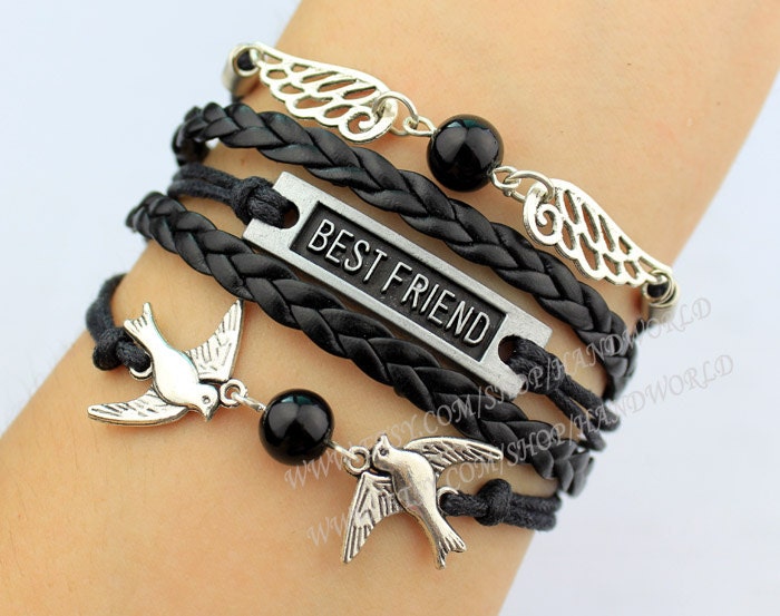 Silvery wings bracelet lover birds bracelet best friend bracelet black leather braid bracelet best gift for friend.-N1624