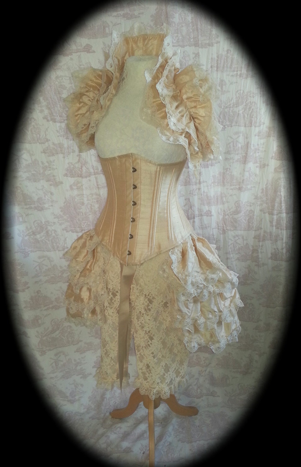 Steampunk Bustle  Silk Tie On Bustle Skirt  and shrug SET Lolita Victorian Gothic Wedding   BEIGE  By Ophelias Folly