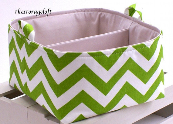 LG 10"x10"x6" Diaper Caddy - Storage Bin Basket Container Organizer - Chartreuse White Chevron Zigzag Fabric