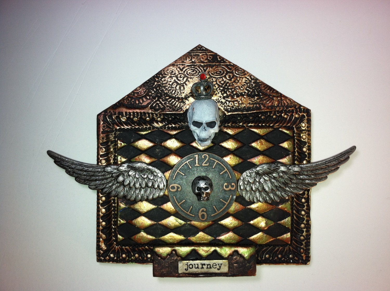 Gothic Steampunk Skull Clock Wings Renaissance Medieval Diamond Whimsical Art "Journey" of Life Time Flies One of a kind Halloween Decor OOA
