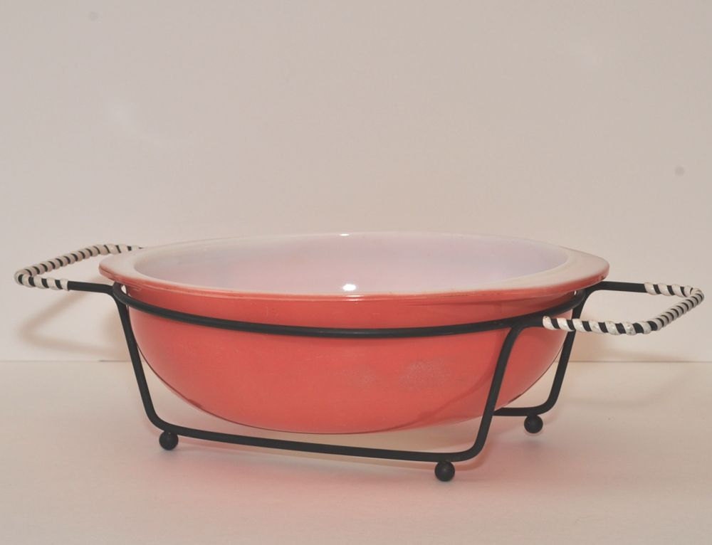 Vintage Flamingo Pink Round Casserole Dish with Metal Stand