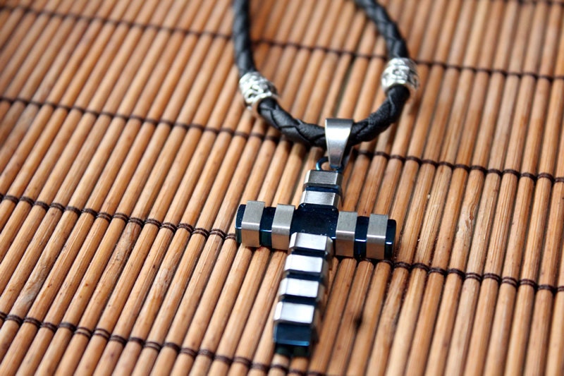 Sale 25% off Entire Store - Mens Leather & Titananium Blue Cross Necklace