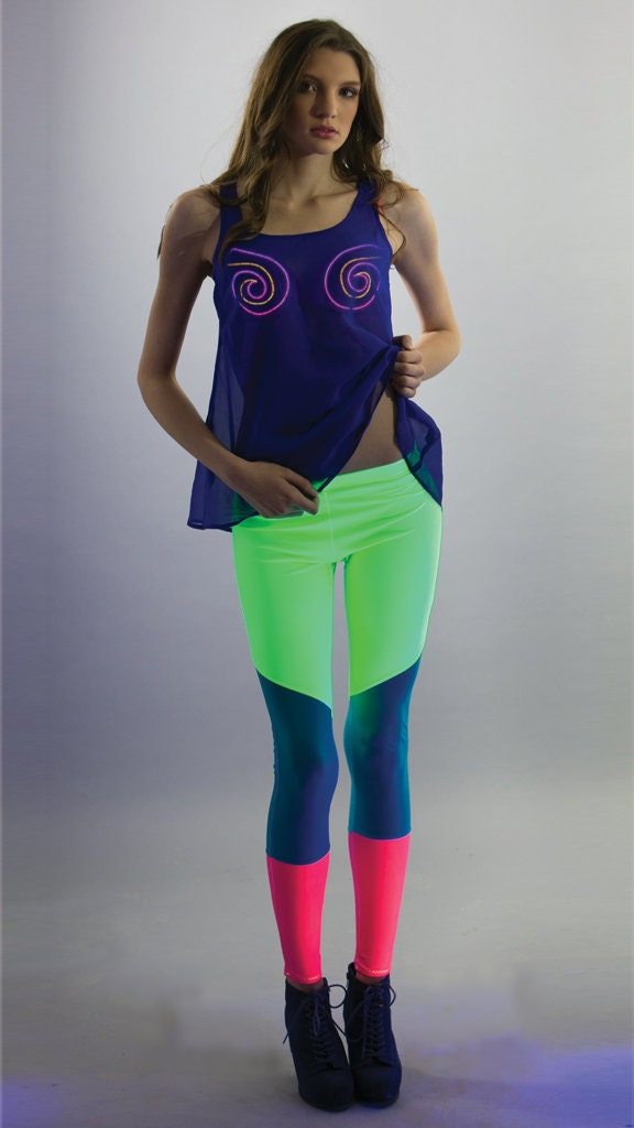 NEON Leggings : Asymetrical 3 tone pattern Green, Pink, Blue Shiny GLOW Spandex leggings 80's inspired