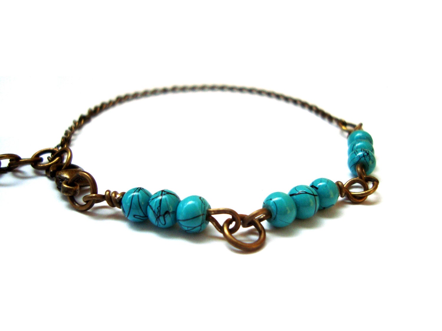 Simple Feminine Beaded Turquoise Bracelet . Antique Bronze Tone. Stackable Jewelry.Blue Jewelry