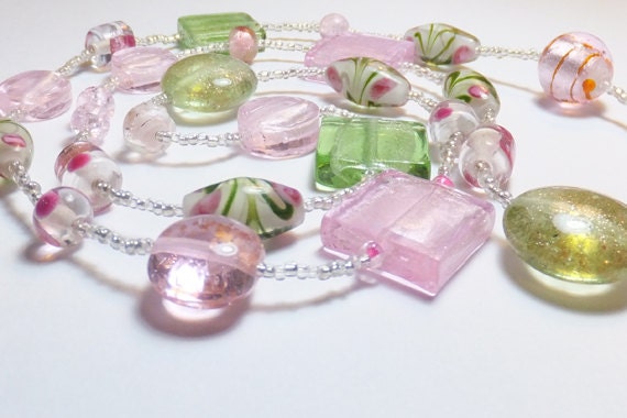 Pink, Green and Flower Glass Necklace