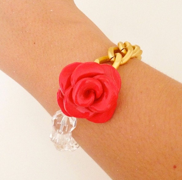 Red Rose Bracelet with Cristals and Chain