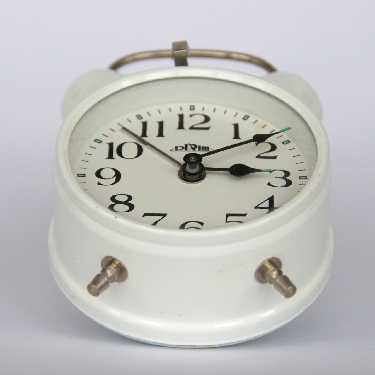 Vintage Czech small mechanical alarm clock from Prim. Dual bell. White.