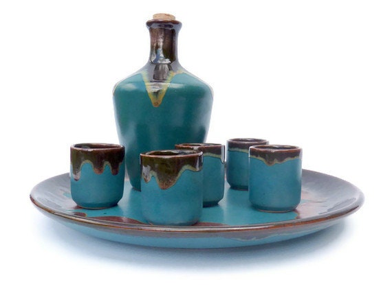 Ceramic Sake Set Tray Pitcher Tiny Cups Teal Glaze Vintage 70s Homewares