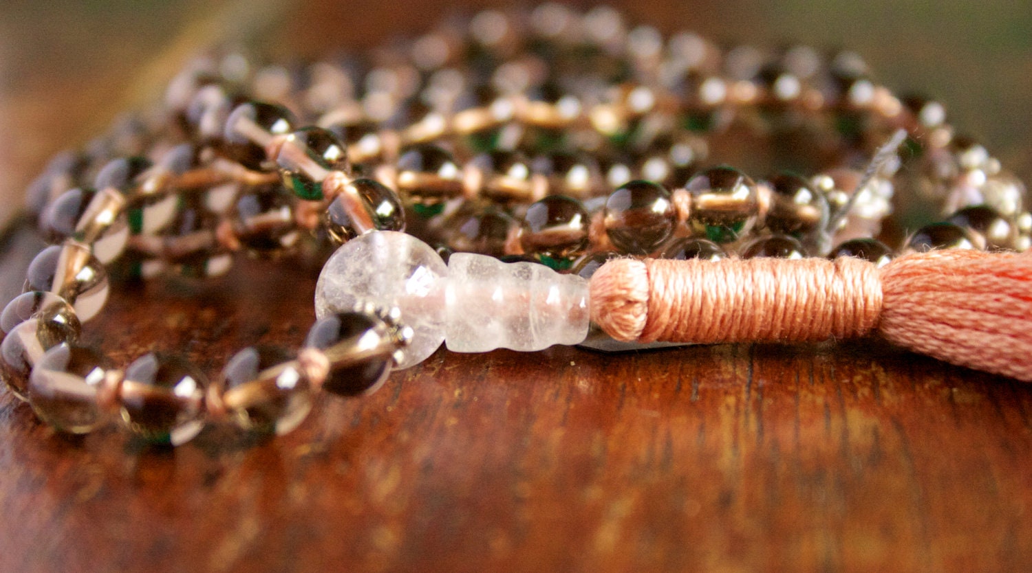 Meditation Mala Beads,108, Smoky and Crystal Quartz, Meditation, Japa, Prayer Beads, Yoga Jewelry