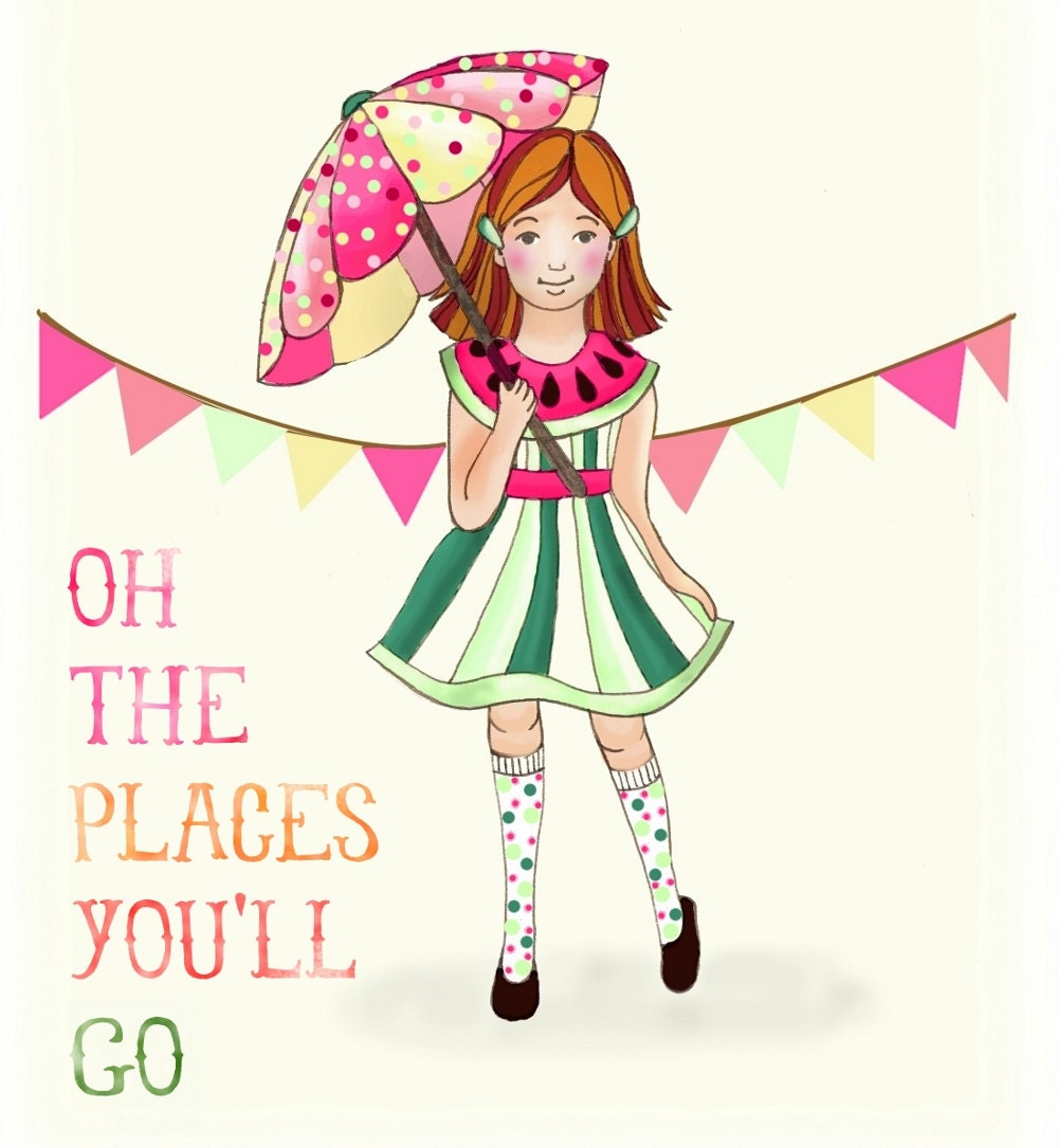 watermelon red umbrella girl - Oh the Places You'll Go - 11x14 illustration kids wall art
