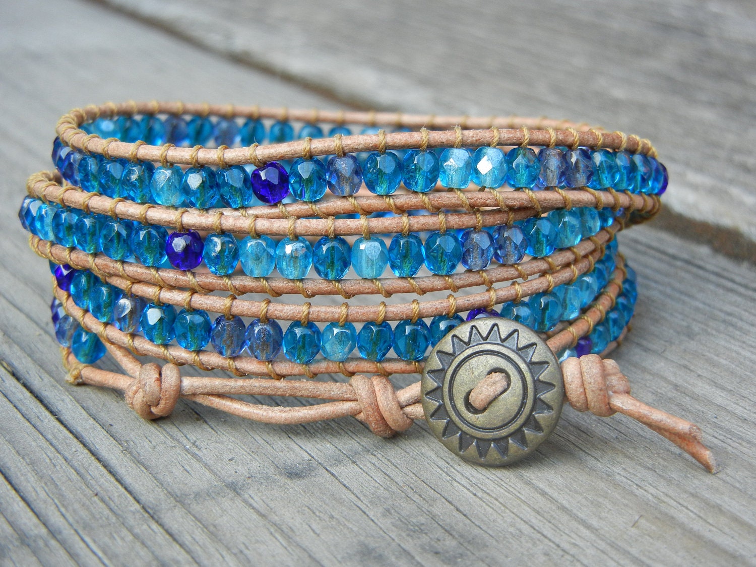 Spring Summer Beaded Leather 4 Wrap Bracelet with Beachy Blue Czech Glass Beads on Tan Leather