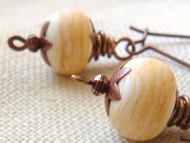 Ivory And Copper Earrings Handmade Lampwork Glass Beads Rustic Copper Star Bead Caps