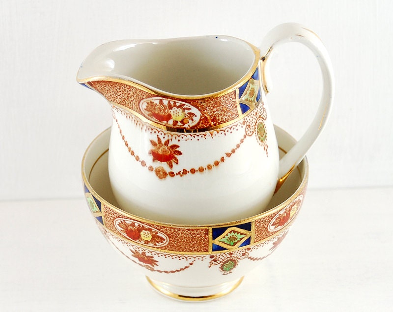 Vintage arklow pottery jug and sugar bowl..Antique breakfast set. Irish pottery Wicklow.Green,Blue, Red, Gold, White.