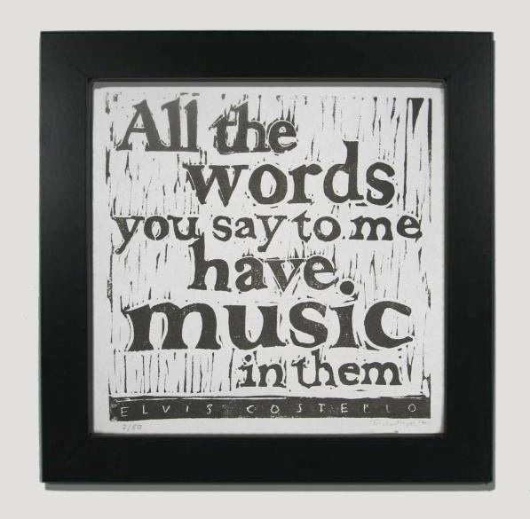 Elvis Costello lyrics linocut print