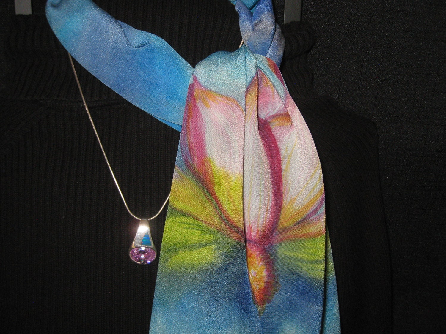 MADE TO ORDER Pink lotus blue water silk art hand painted scarf inspired by jewelry
